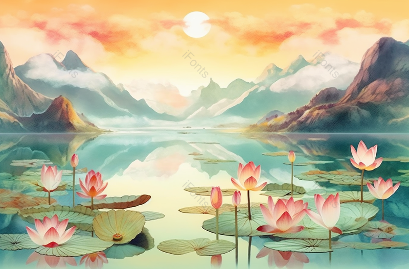 中国水墨风彩色画开满池塘的莲花,插画/手绘图,插画/手绘图库,插画/手绘图下载,插画/手绘